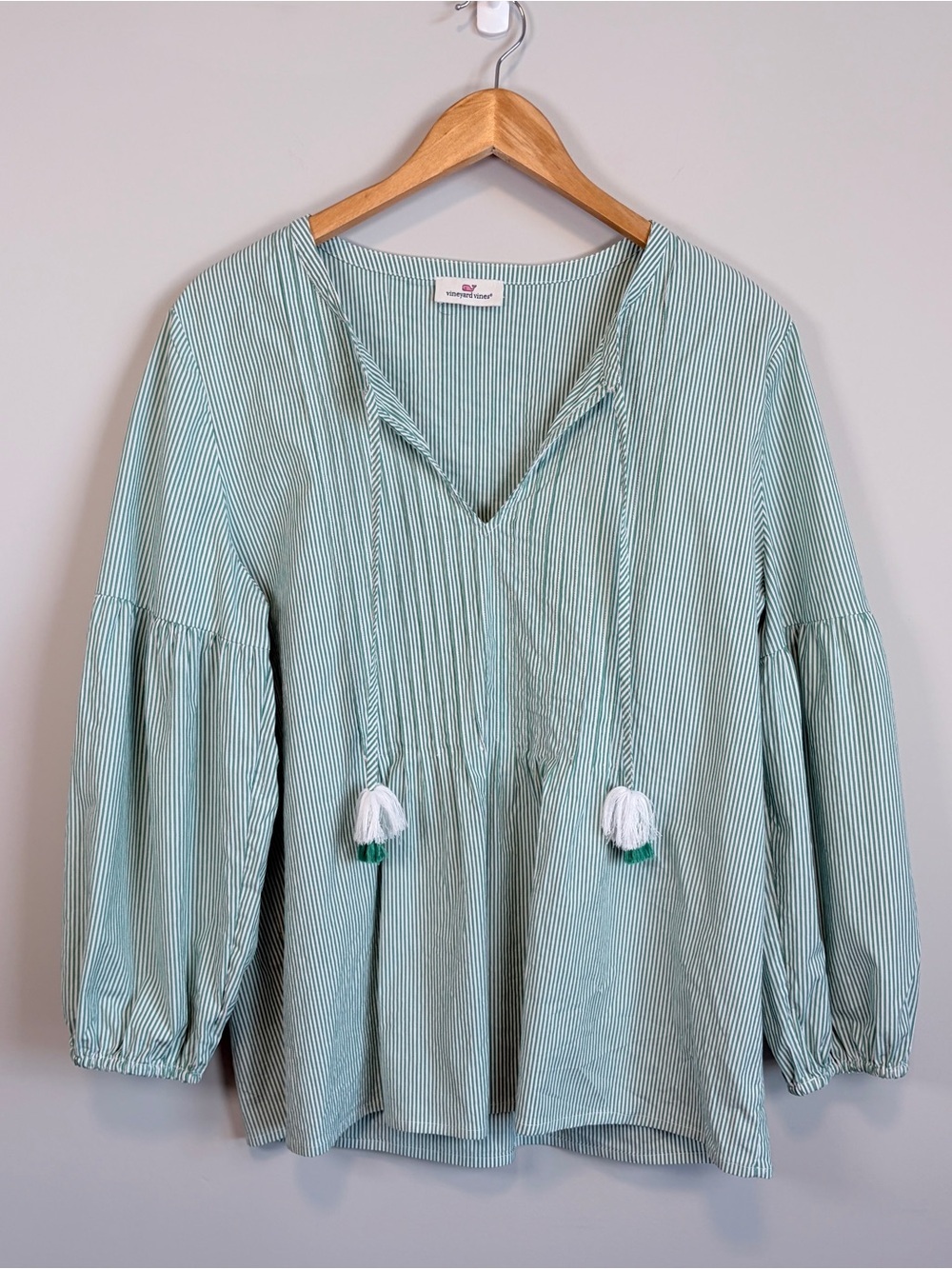 Vineyard Vines Top Coastal Chic Balloon Sleeves Tassel Striped Green White XL
